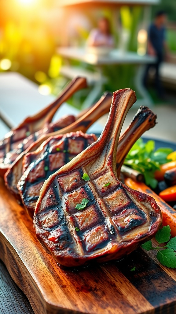 Grilled barbecue lamb chops on a wooden platter, garnished with herbs and served with grilled vegetables.